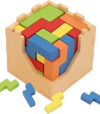 Rainbow Toys Wooden 3D Brain Teaser Puzzle Cube – Colorful IQ Building Block Game for Kids & Adults