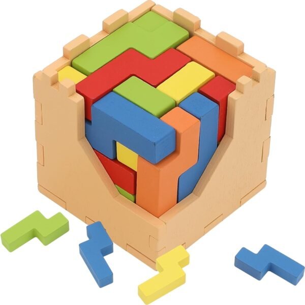 Rainbow Toys Wooden 3D Brain Teaser Puzzle Cube – Colorful IQ Building Block Game for Kids & Adults